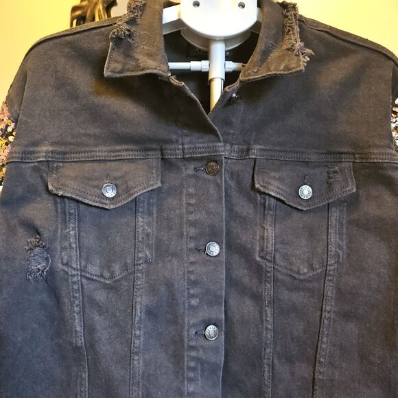 AKIRA Camila Sequin Sleeve Black Denim Jean Jacket Womens XL New NWT Bling - Picture 3 of 9